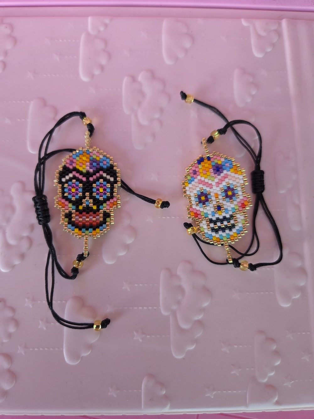 Handmade Seed Bead Sugar Skull Bracelet - Pink & Multicolor NIP